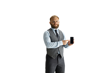 Image showing Cheerful handsome businessman isolated over white studio background