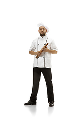 Image showing Cooker, chef, baker in uniform isolated on white background, gourmet.