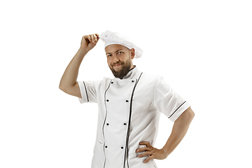 Image showing Cooker, chef, baker in uniform isolated on white background, gourmet.