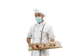 Image showing Cooker, chef, baker in uniform isolated on white background, gourmet.