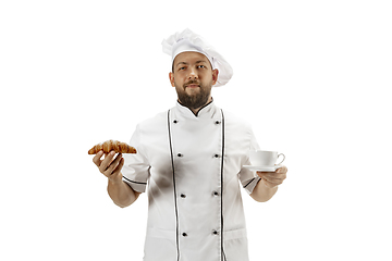 Image showing Cooker, chef, baker in uniform isolated on white background, gourmet.