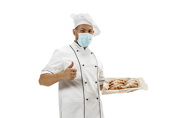 Image showing Cooker, chef, baker in uniform isolated on white background, gourmet.