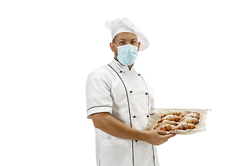 Image showing Cooker, chef, baker in uniform isolated on white background, gourmet.