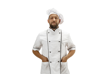 Image showing Cooker, chef, baker in uniform isolated on white background, gourmet.