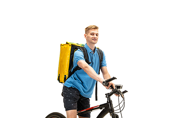 Image showing Deliveryman isolated on white studio background. Contacless delivery service during quarantine.