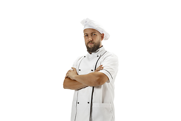 Image showing Cooker, chef, baker in uniform isolated on white background, gourmet.