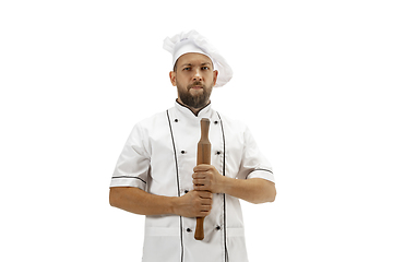 Image showing Cooker, chef, baker in uniform isolated on white background, gourmet.