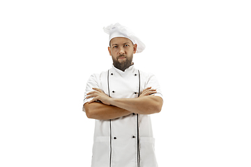 Image showing Cooker, chef, baker in uniform isolated on white background, gourmet.