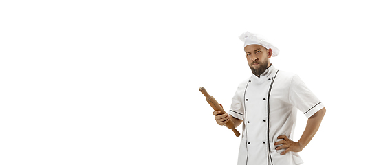 Image showing Cooker, chef, baker in uniform isolated on white background, gourmet.