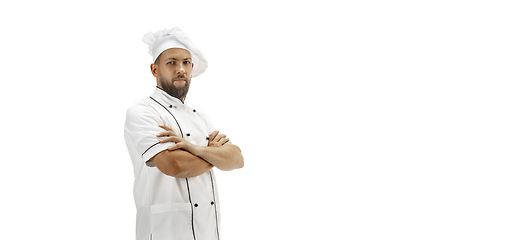 Image showing Cooker, chef, baker in uniform isolated on white background, gourmet.