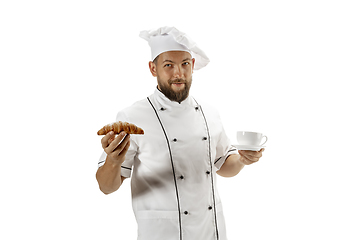 Image showing Cooker, chef, baker in uniform isolated on white background, gourmet.