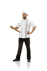 Image showing Cooker, chef, baker in uniform isolated on white background, gourmet.