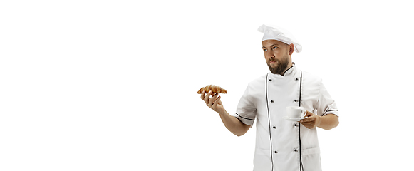 Image showing Cooker, chef, baker in uniform isolated on white background, gourmet.