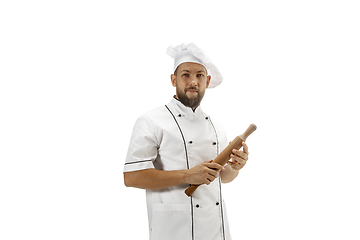 Image showing Cooker, chef, baker in uniform isolated on white background, gourmet.