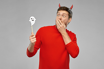 Image showing man in halloween costume of devil over grey