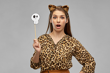 Image showing surprised woman in halloween costume of leopard