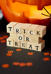 Image showing toy blocks with trick or treat words on halloween