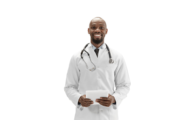 Image showing African-american doctor isolated on white background, professional occupation