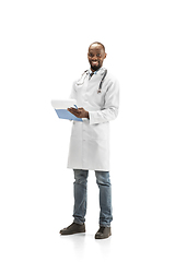 Image showing African-american doctor isolated on white background, professional occupation