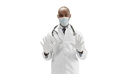 Image showing African-american doctor isolated on white background, professional occupation