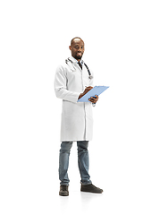 Image showing African-american doctor isolated on white background, professional occupation