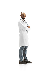 Image showing African-american doctor isolated on white background, professional occupation