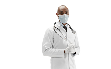 Image showing African-american doctor isolated on white background, professional occupation