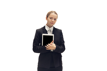 Image showing Young woman, accountant, booker in office suit isolated on white studio background