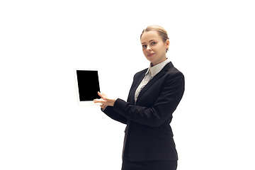 Image showing Young woman, accountant, booker in office suit isolated on white studio background