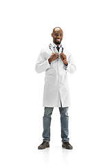 Image showing African-american doctor isolated on white background, professional occupation