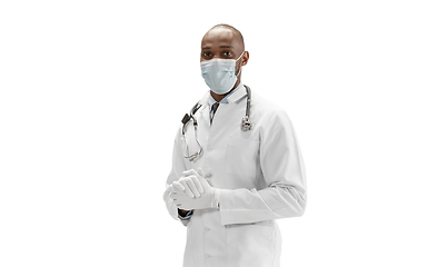 Image showing African-american doctor isolated on white background, professional occupation
