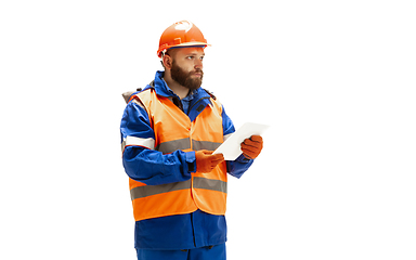 Image showing Handsome contractor, builder isolated over white studio background