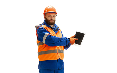 Image showing Handsome contractor, builder isolated over white studio background