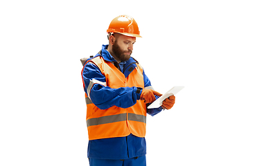 Image showing Handsome contractor, builder isolated over white studio background