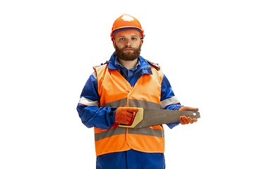 Image showing Handsome contractor, builder isolated over white studio background