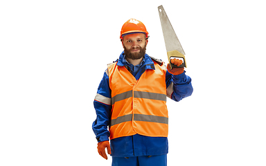 Image showing Handsome contractor, builder isolated over white studio background