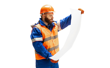 Image showing Handsome contractor, builder isolated over white studio background