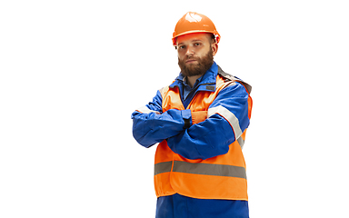 Image showing Handsome contractor, builder isolated over white studio background