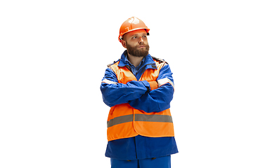 Image showing Handsome contractor, builder isolated over white studio background