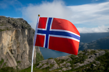 Image showing Norway Flag. Beautiful Nature Norway natural landscape.