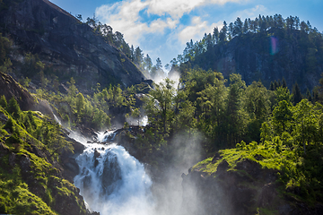 Image showing Latefossen Waterfall Odda Norway. Latefoss is a powerful, twin w