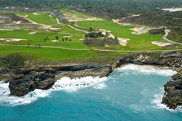 Image showing Flying above a golf course at an exotic destination