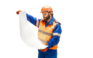 Image showing Handsome contractor, builder isolated over white studio background