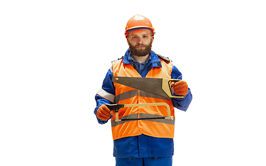 Image showing Handsome contractor, builder isolated over white studio background