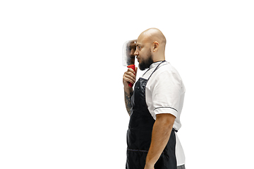 Image showing Portrait of a male chef cook, butcher isolated on a white studio background