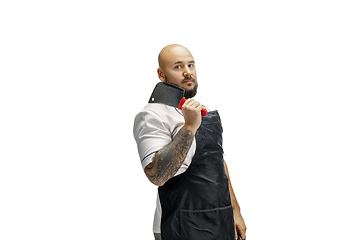 Image showing Portrait of a male chef cook, butcher isolated on a white studio background