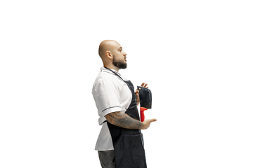 Image showing Portrait of a male chef cook, butcher isolated on a white studio background