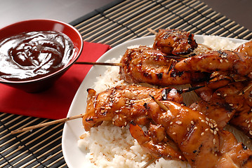 Image showing Grilled chicken satay with rice