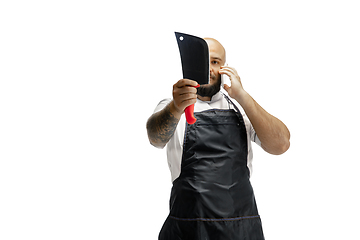 Image showing Portrait of a male chef cook, butcher isolated on a white studio background