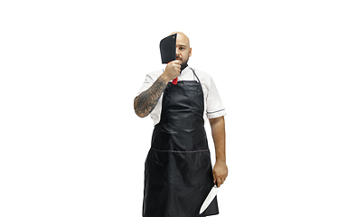 Image showing Portrait of a male chef cook, butcher isolated on a white studio background